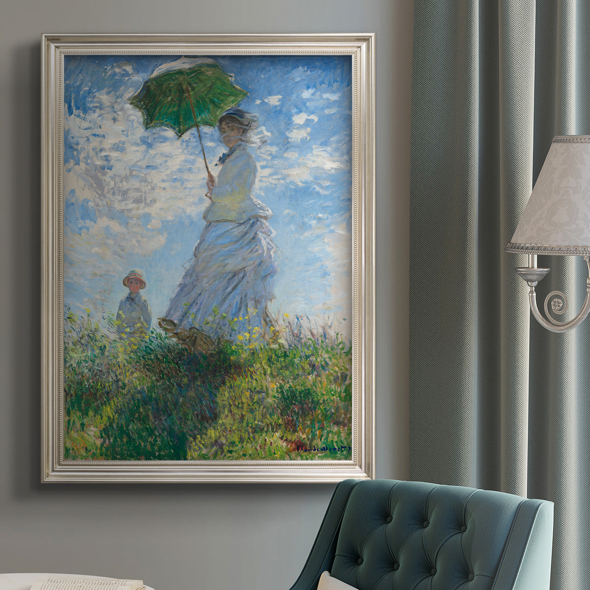 Impressionist portrait of a woman with a parasol by Claude Monet in an {frame_style_descriptor} displayed in a neutral interior setting.