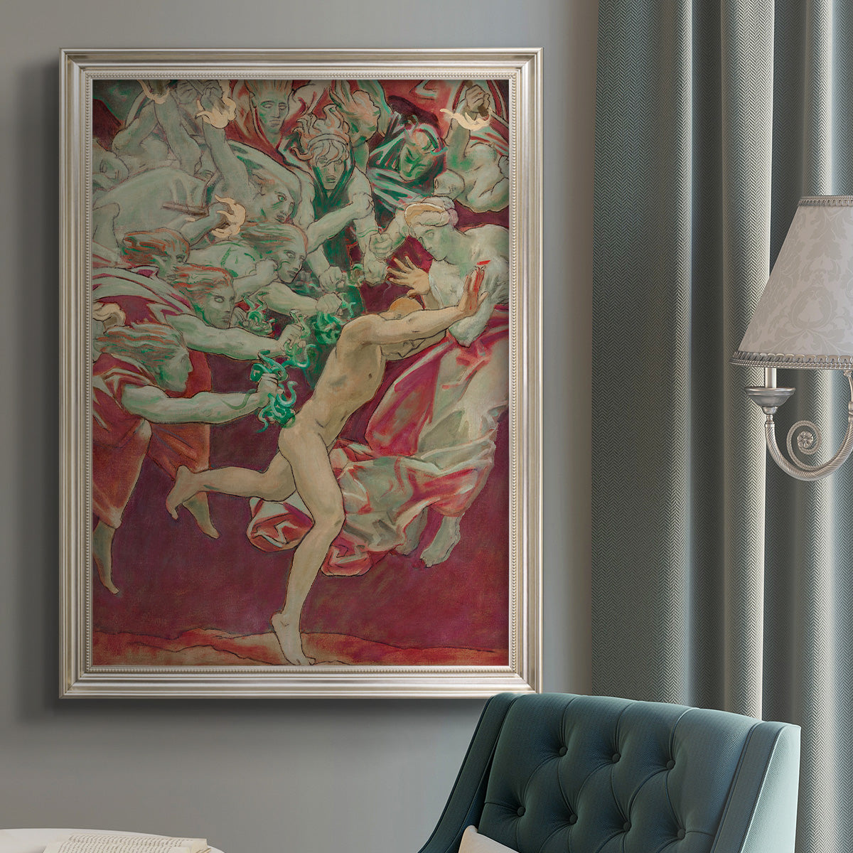 Dramatic mythological scene by John Singer Sargent in an {frame_style_descriptor} displayed in a neutral interior setting.