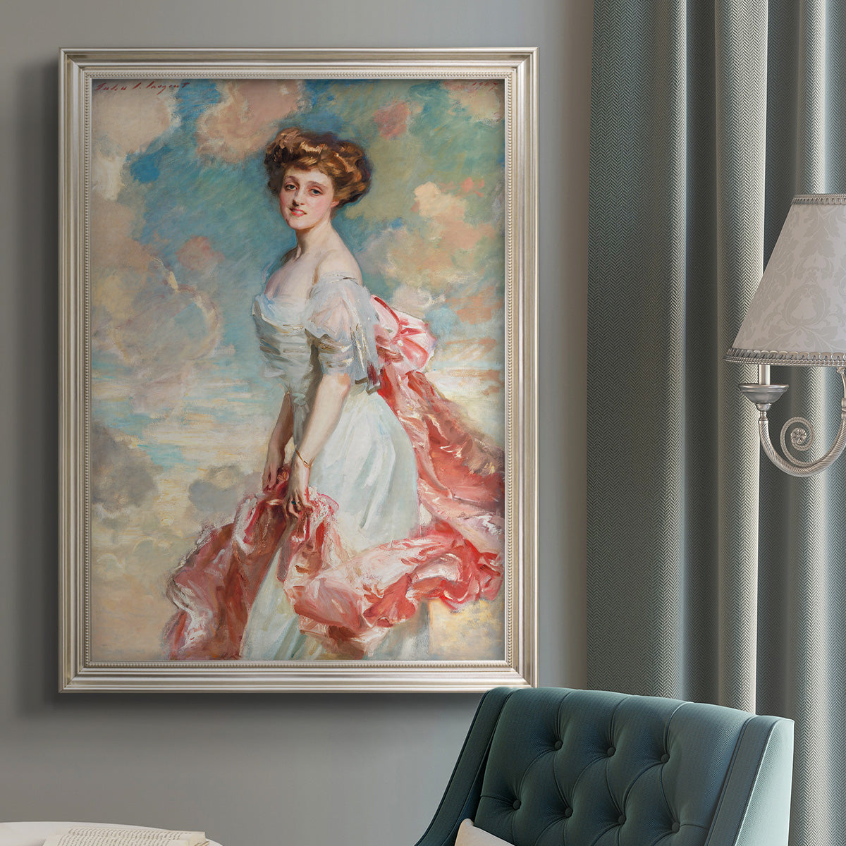 Society portrait of a young woman by John Singer Sargent in an {frame_style_descriptor} displayed in a neutral interior setting.