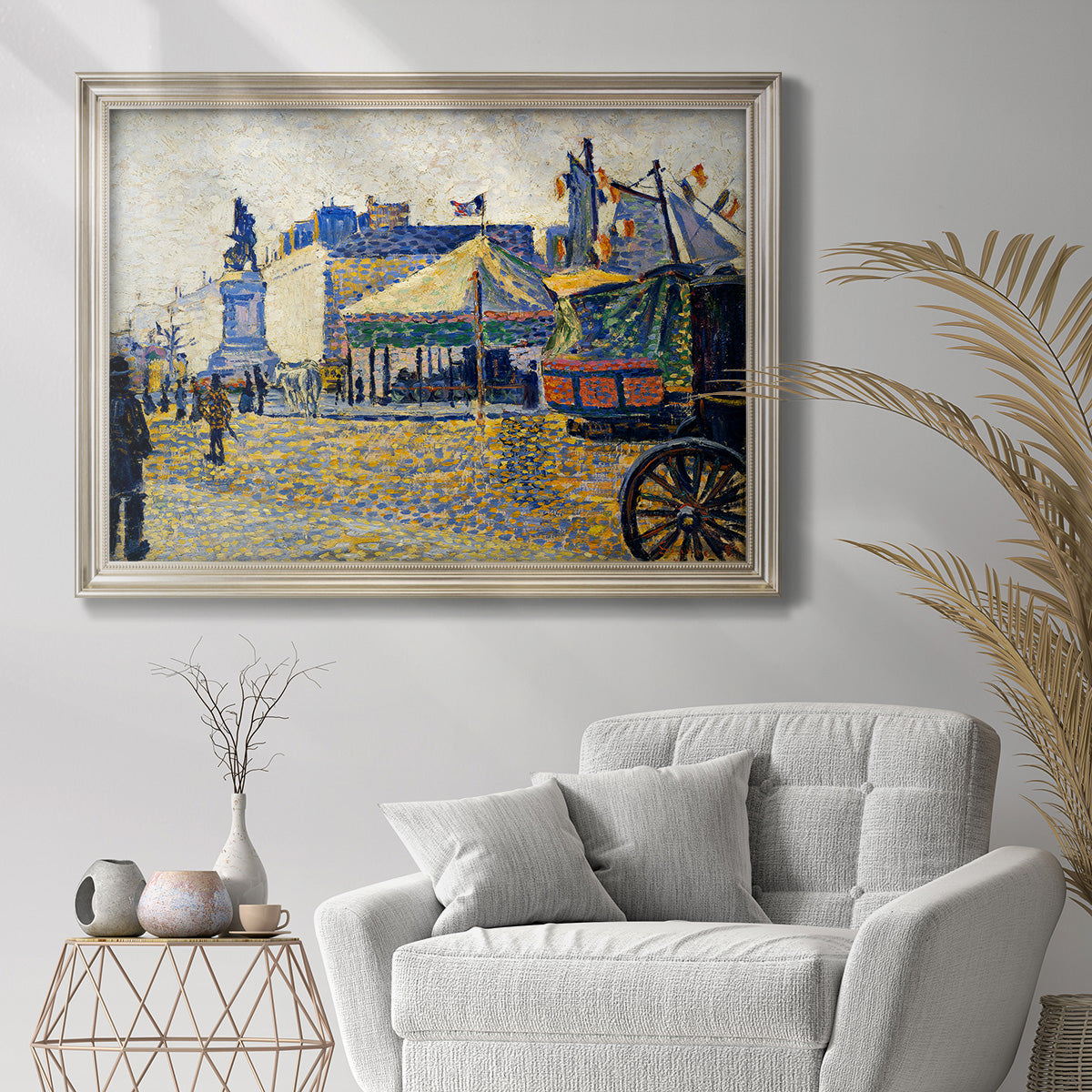 Impressionist Paris city square scene by Paul Signac in an ornate champagne frame displayed in a bright interior setting.