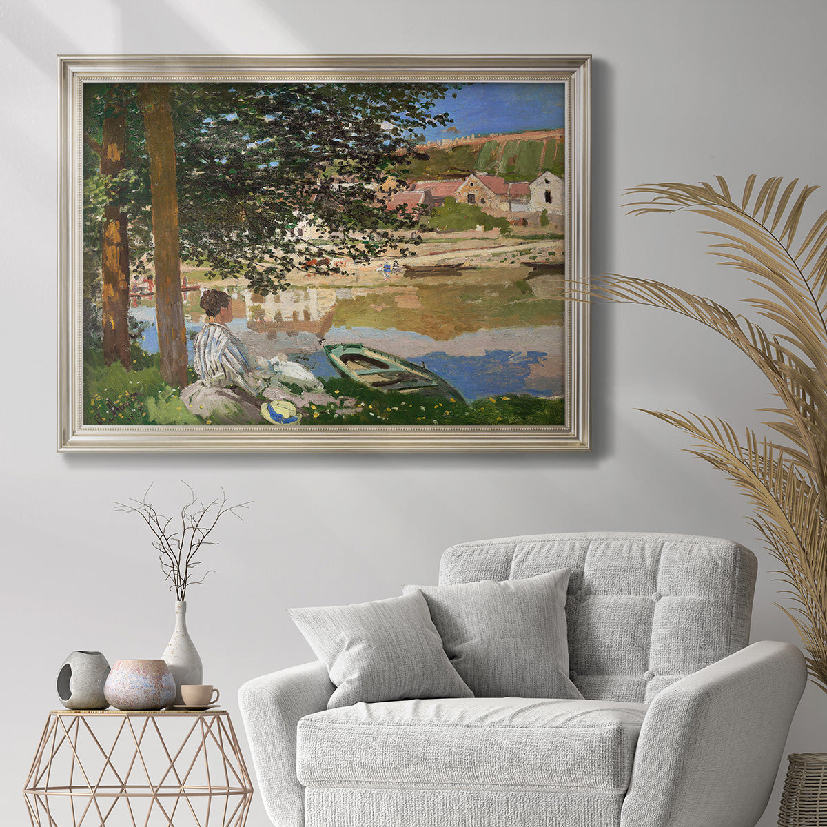 Impressionist riverside landscape at Bennecourt by Claude Monet in an ornate champagne frame displayed in a bright interior setting.