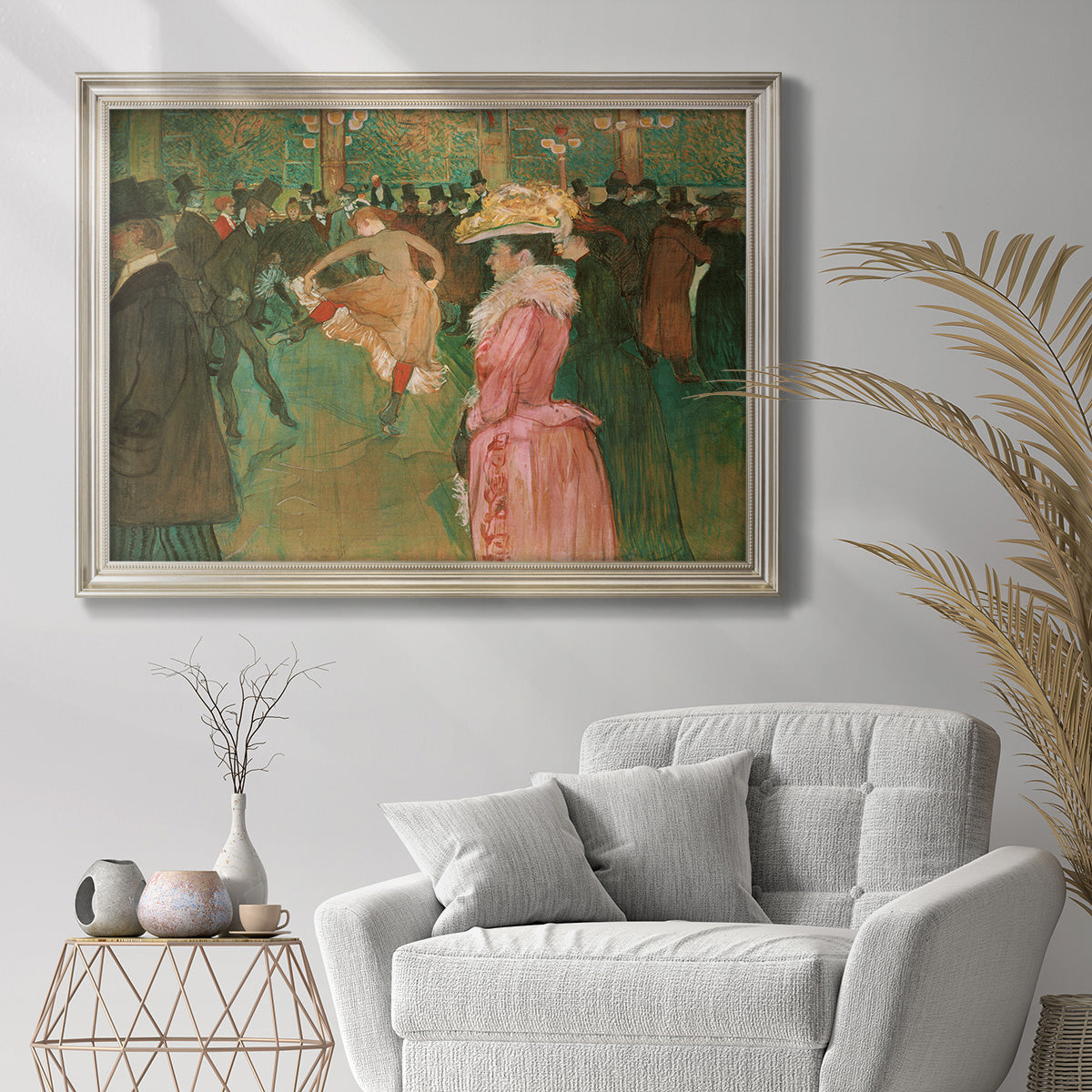 Impressionist nightlife dance scene by Henri de Toulouse-Lautrec in an ornate champagne frame displayed in a bright interior setting.