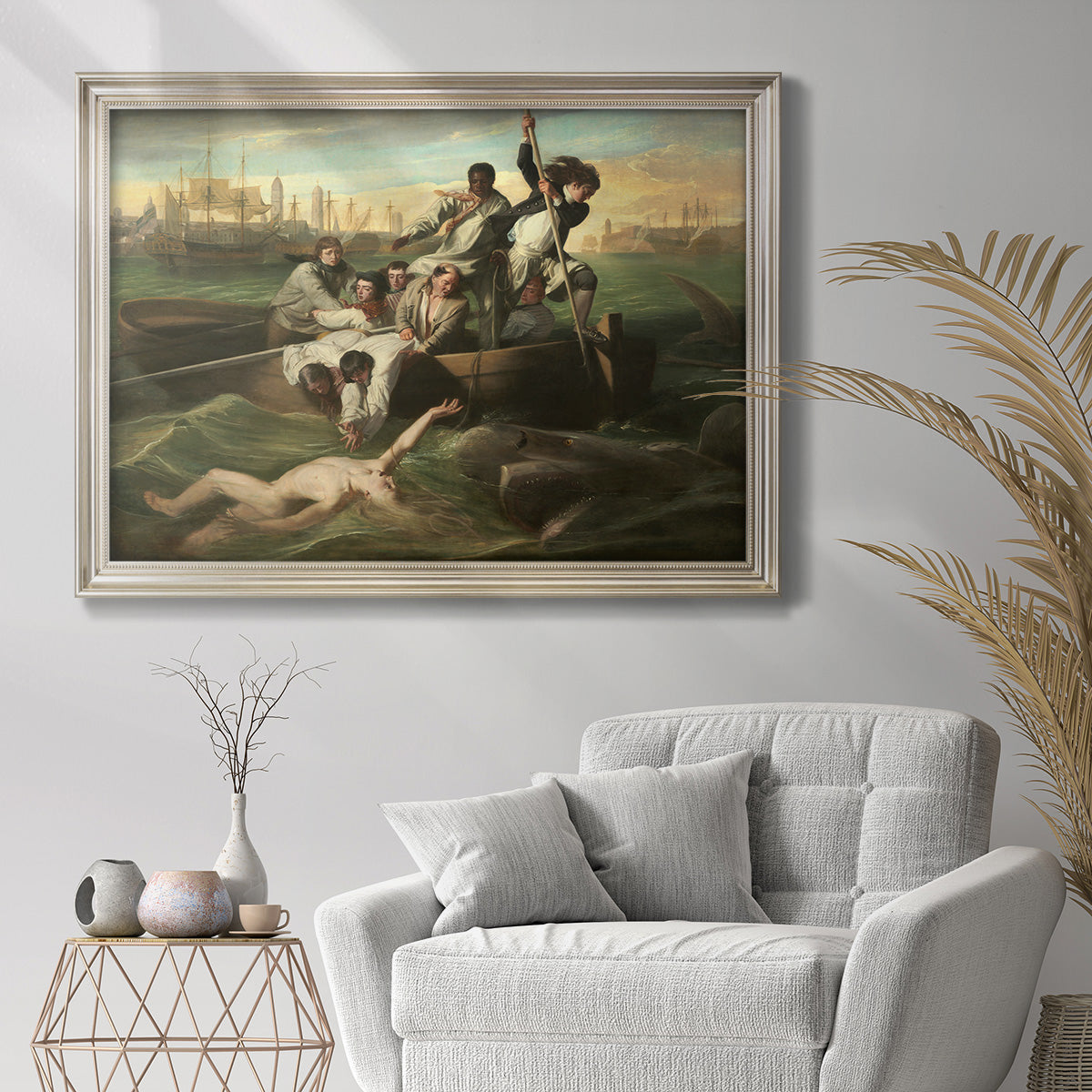 Dramatic historical scene of a shark attack by John Singleton Copley in an ornate champagne frame displayed in a bright interior setting.