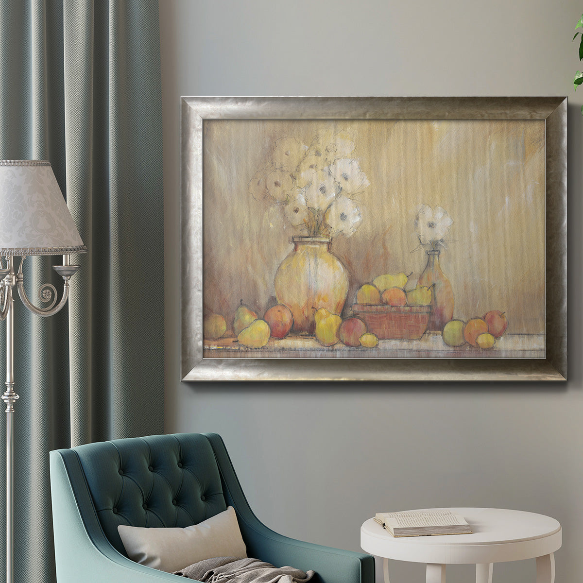 Modern minimalist floral still life in an ornate mottled silver frame displayed in a neutral interior setting.