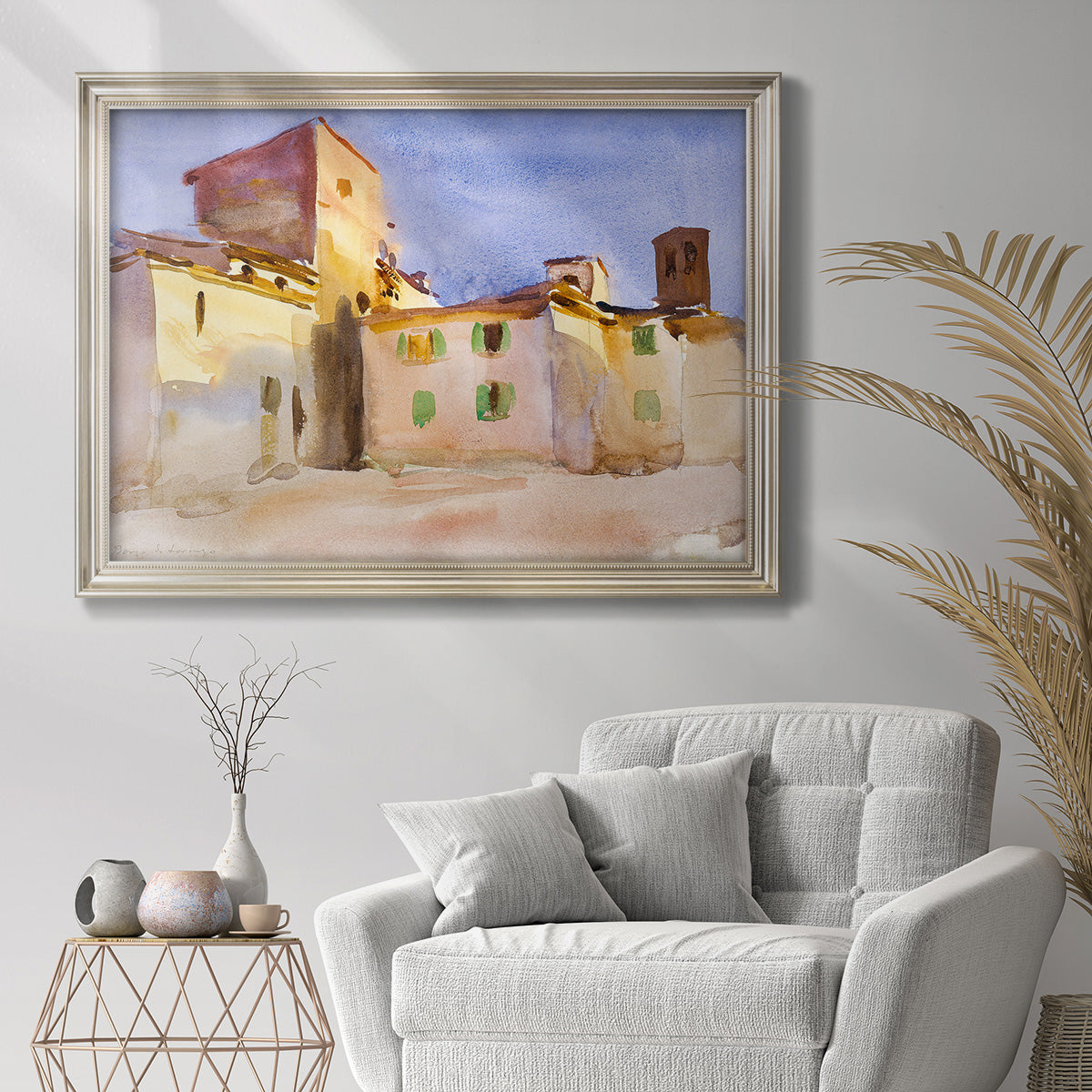 Impressionist Italian village scene by John Singer Sargent in an ornate champagne frame displayed in a bright interior setting.