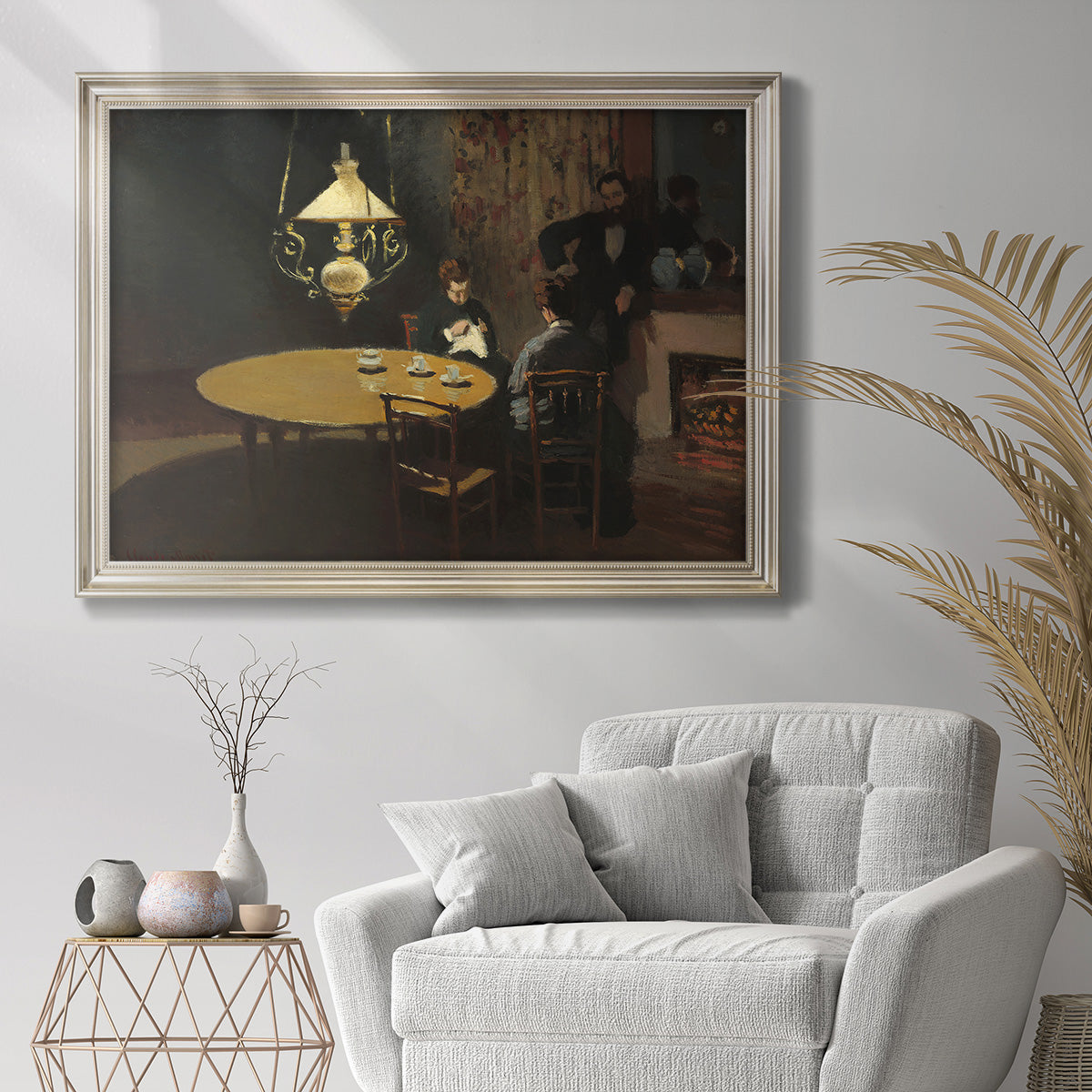 Impressionist domestic interior scene by Claude Monet in an ornate champagne frame displayed in a bright interior setting.
