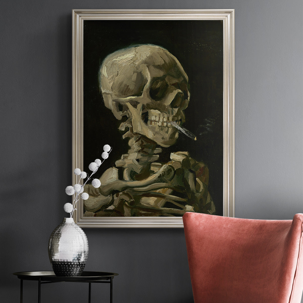 Head of a Skeleton with a Burning Cigarette - Ornate Framed Canvas Print
