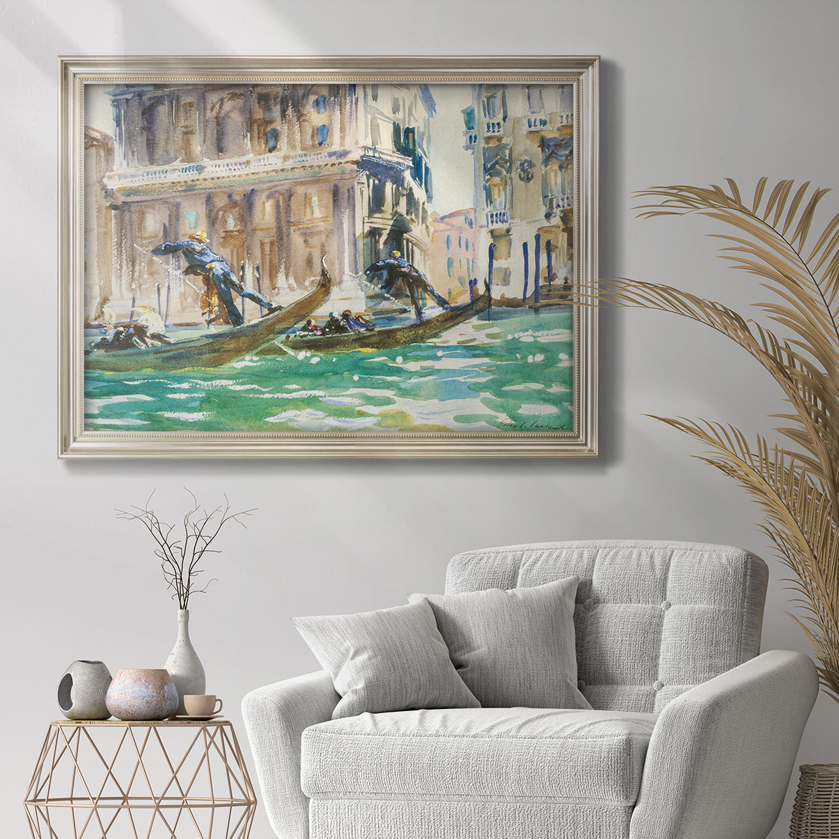 Impressionist Venetian cityscape by John Singer Sargent in an ornate champagne frame displayed in a bright interior setting.