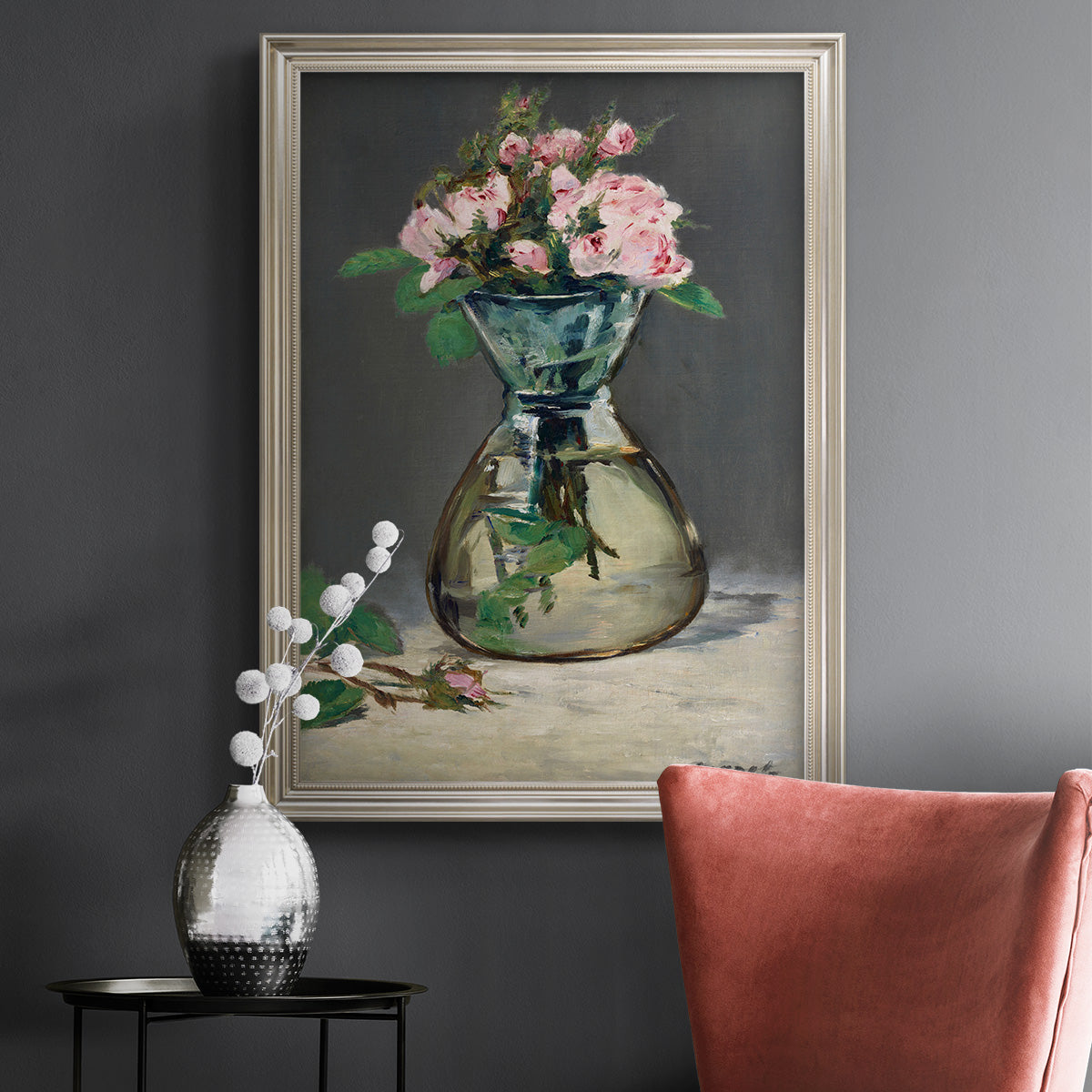 Moss Roses in a Vase - Ornate Framed Canvas Print