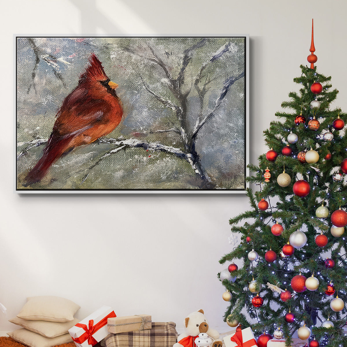 Cardinal in Snow II - Floater Framed Canvas Print