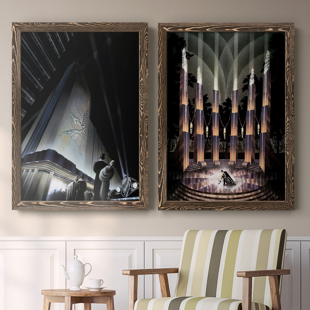 Set of two walnut barnwood framed canvas prints depicting two vintage architectural illustrations featuring dramatic Art Deco city and theater scenes above a sideboard in a cozy sitting room.