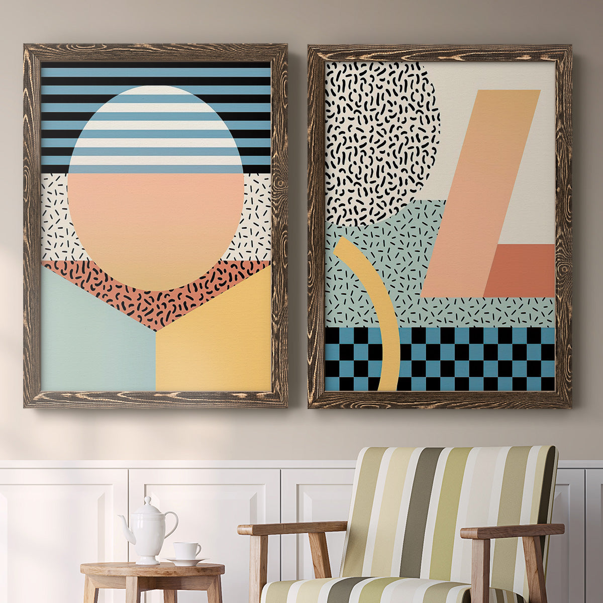 Set of two walnut barnwood framed canvas prints depicting two retro graphic abstracts featuring bold geometric Memphis-style patterns above a sideboard in a cozy sitting room.
