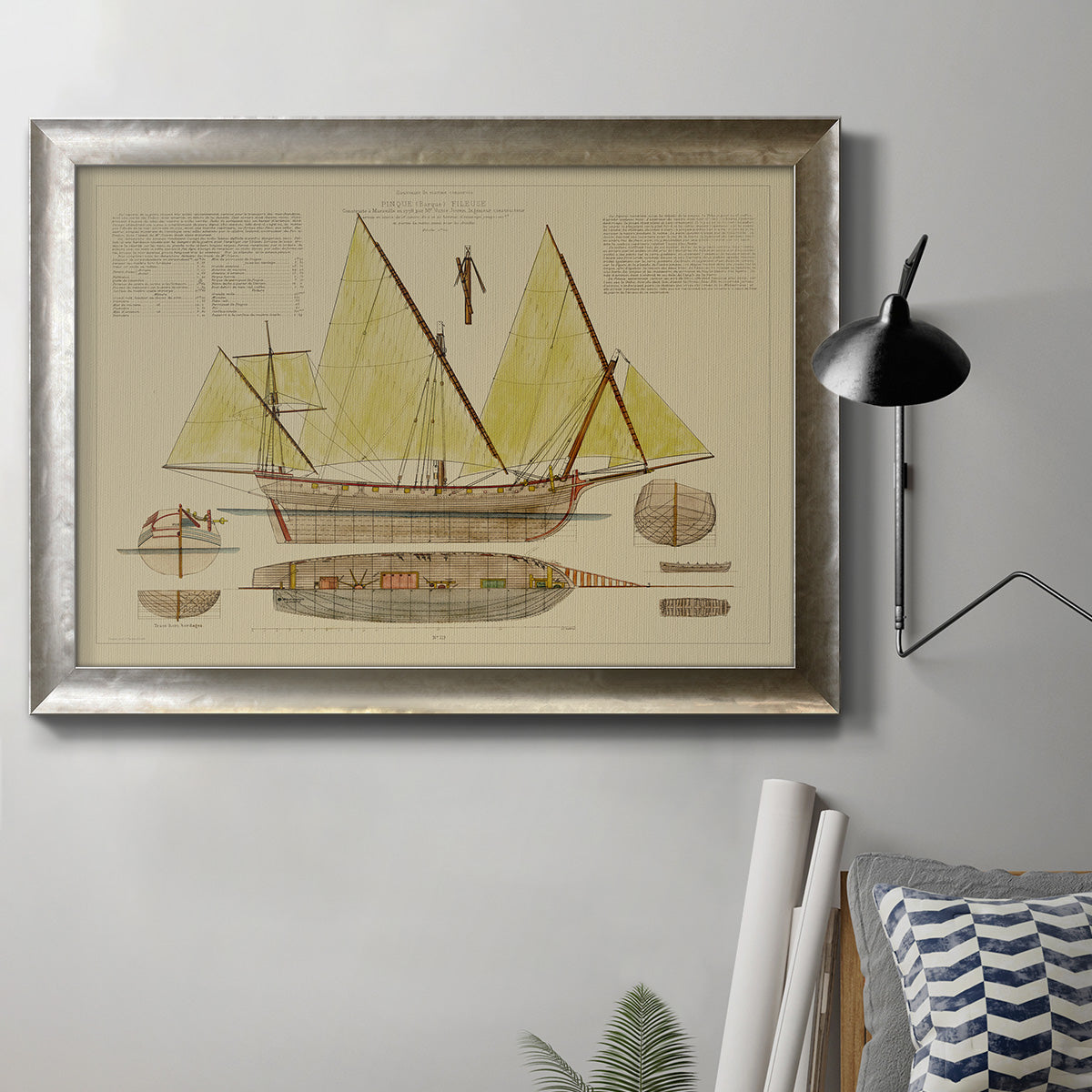 Antique ship plan nautical diagram in an ornate mottled silver frame displayed in a neutral interior setting.