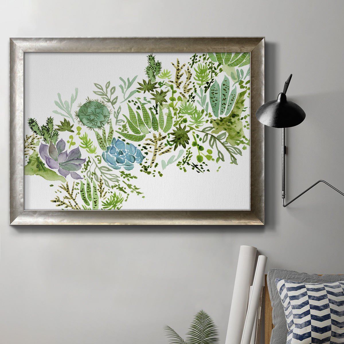 Minimalist abstract succulent botanical watercolor artwork in an ornate mottled silver frame displayed in a neutral interior setting.