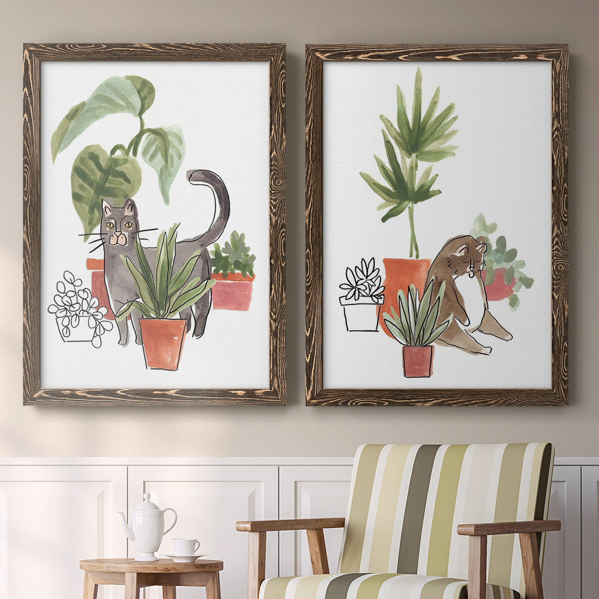 Set of two walnut barnwood framed canvas prints depicting two whimsical botanical animal illustrations featuring cats tucked among collections of potted houseplants above a sideboard in a cozy sitting room.