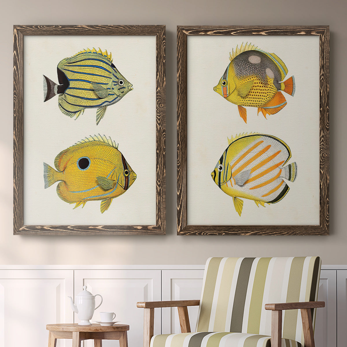 Set of two walnut barnwood framed canvas prints depicting two natural-history fish illustrations featuring groups of vintage tropical fish above a sideboard in a cozy sitting room.