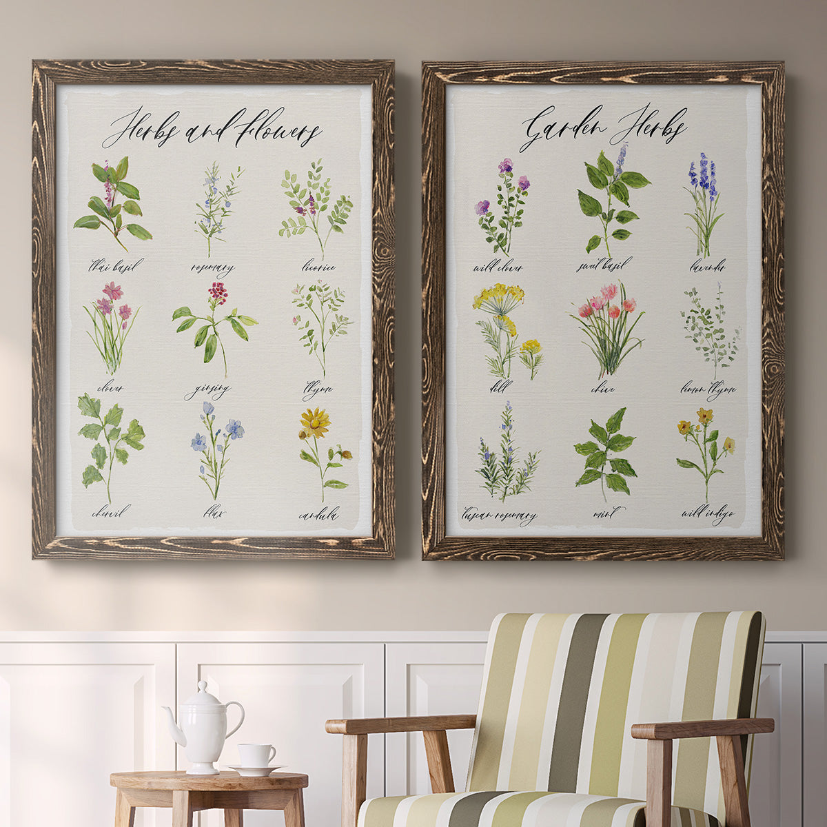 Set of two walnut barnwood framed canvas prints depicting two farmhouse botanical chart prints featuring labeled collections of culinary herbs and wildflowers above a sideboard in a cozy sitting room.