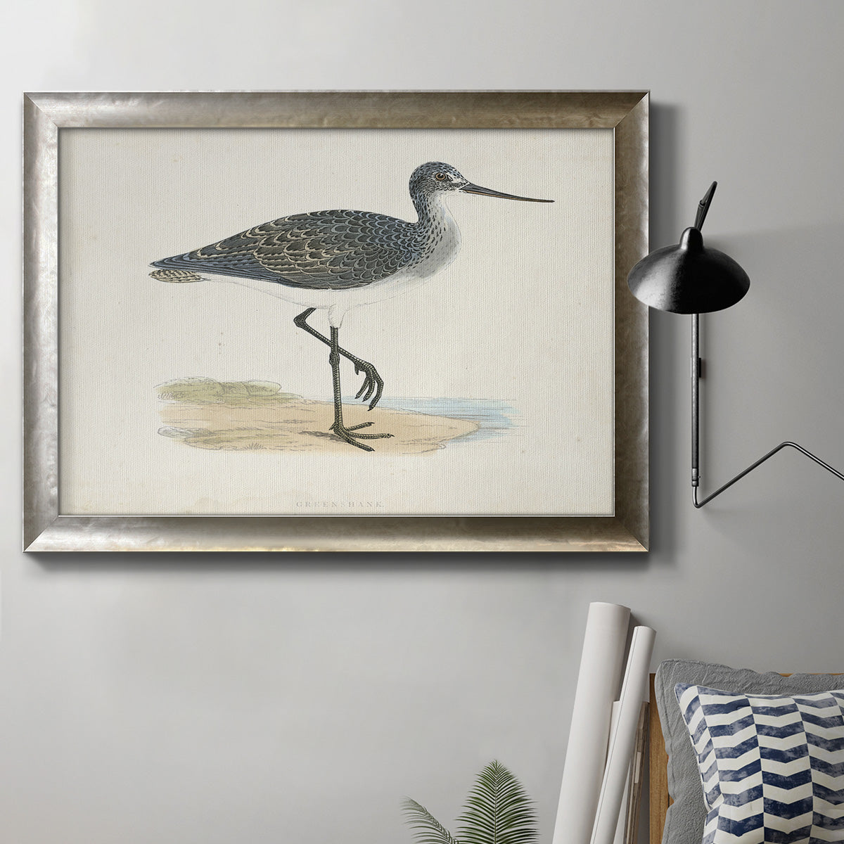 Antique shorebird illustration by William Morris in an ornate mottled silver frame displayed in a neutral interior setting.