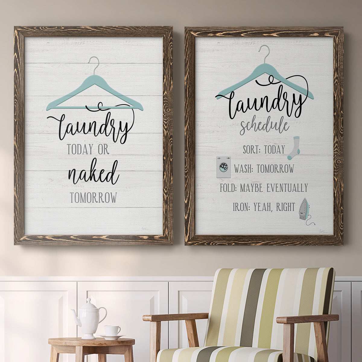 Set of two walnut barnwood framed canvas prints depicting two rustic typographic wall art featuring humorous laundry-room sayings and clothing icons above a sideboard in a cozy sitting room.