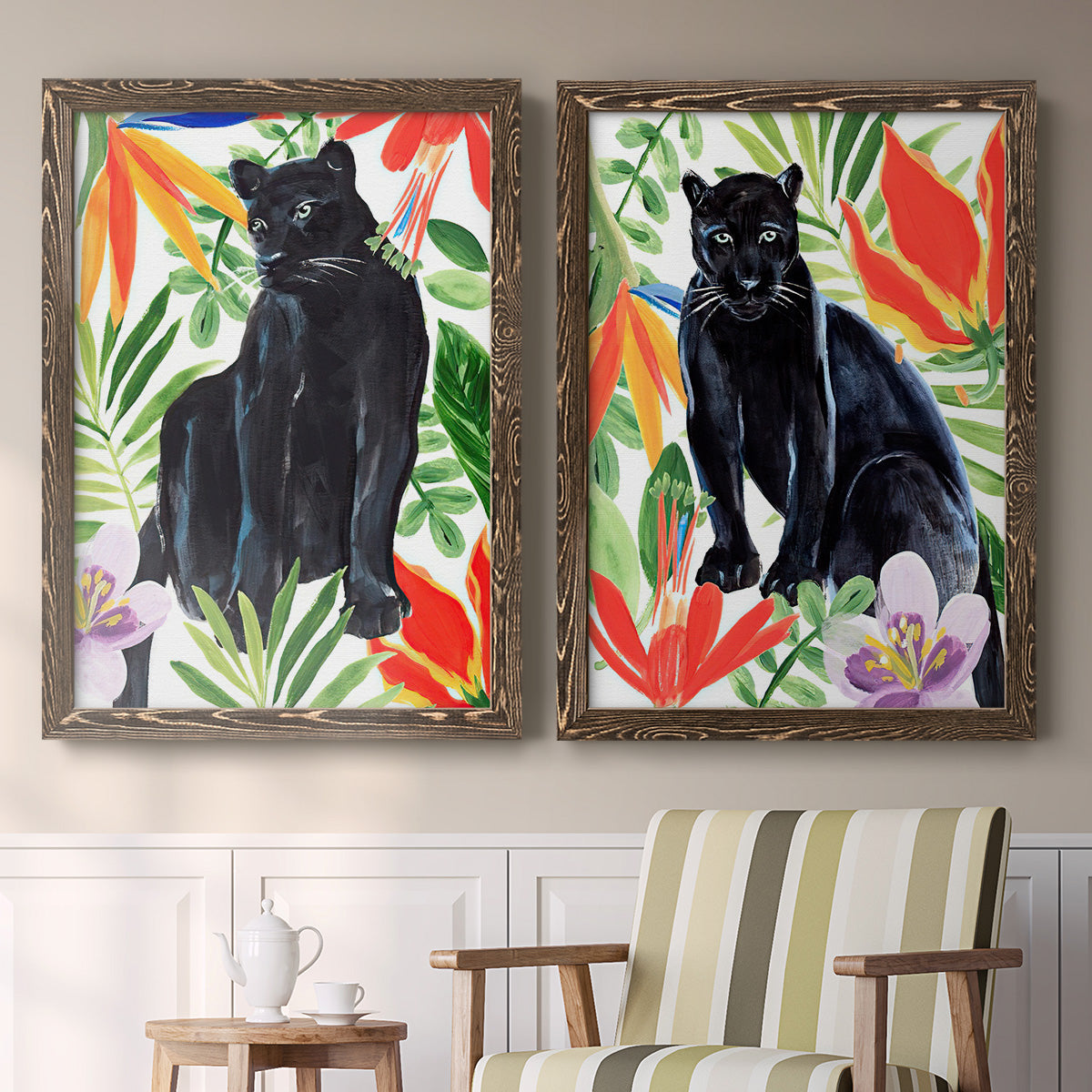 Set of two walnut barnwood framed canvas prints depicting two vibrant watercolor wildlife illustrations featuring black panthers surrounded by colorful tropical foliage above a sideboard in a cozy sitting room.