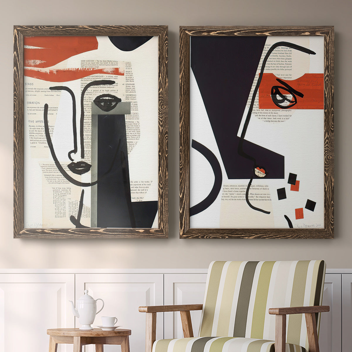 Set of two walnut barnwood framed canvas prints depicting two mixed-media portrait collages featuring cubist faces layered over vintage book pages above a sideboard in a cozy sitting room.