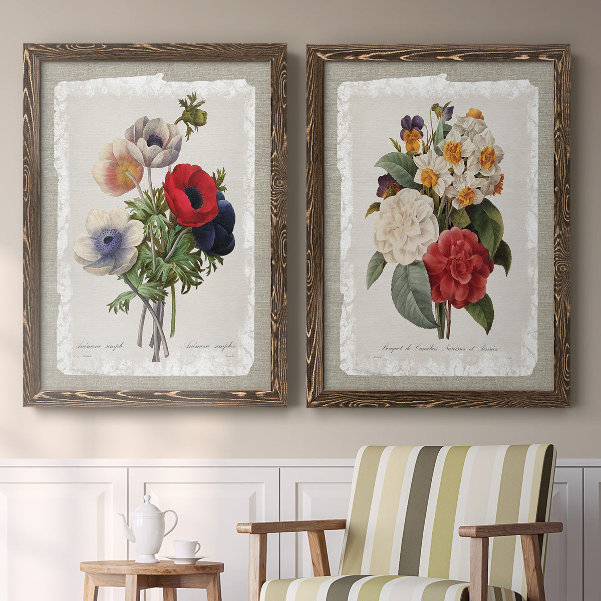 Set of two walnut barnwood framed canvas prints depicting two traditional botanical collage prints featuring vintage mixed-flower bouquets on distressed paper above a sideboard in a cozy sitting room.