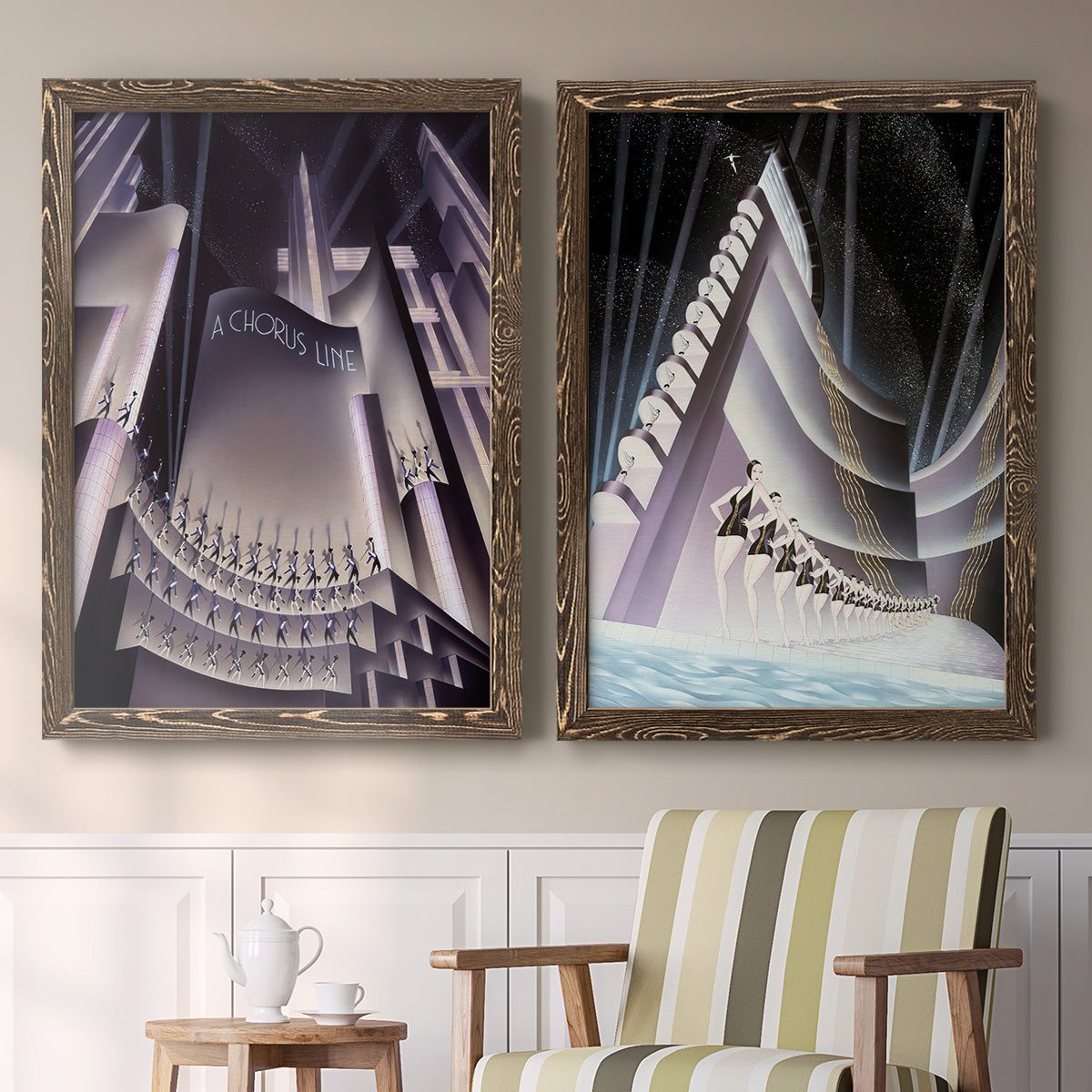 Set of two walnut barnwood framed canvas prints depicting two vintage architectural illustrations featuring dramatic Art Deco city and theater scenes above a sideboard in a cozy sitting room.