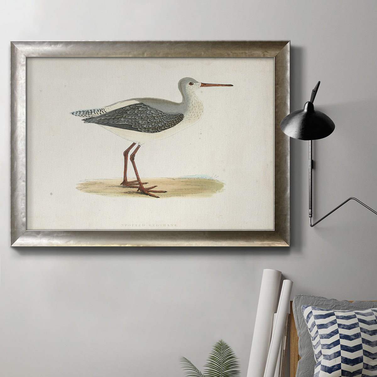 Antique sandpiper bird illustration by William Morris in an ornate mottled silver frame displayed in a neutral interior setting.