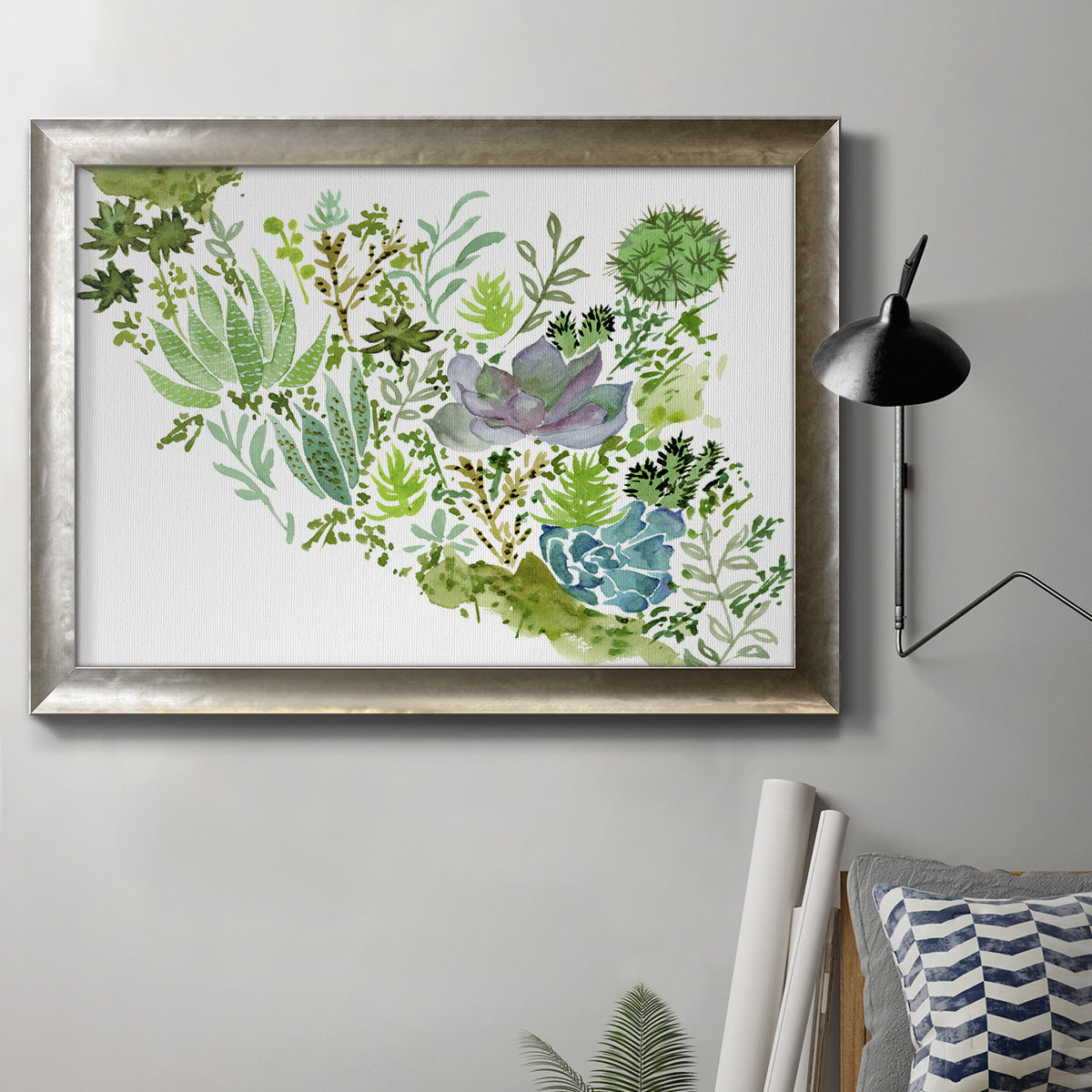 Contemporary abstract succulent botanical watercolor in an ornate mottled silver frame displayed in a neutral interior setting.