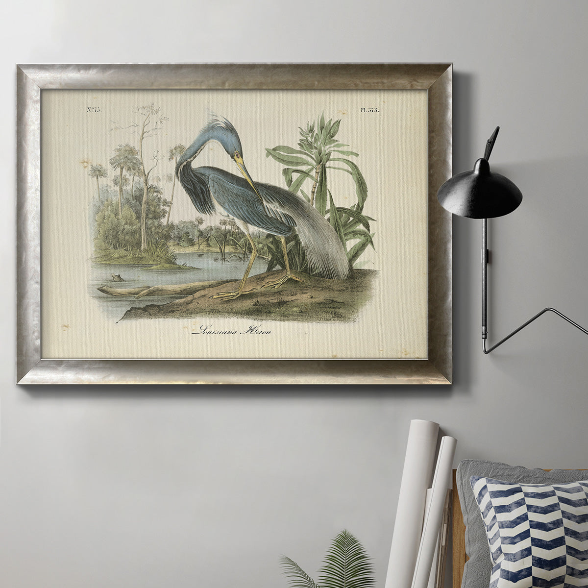 Antique Louisiana heron bird illustration by John James Audubon in an ornate mottled silver frame displayed in a neutral interior setting.
