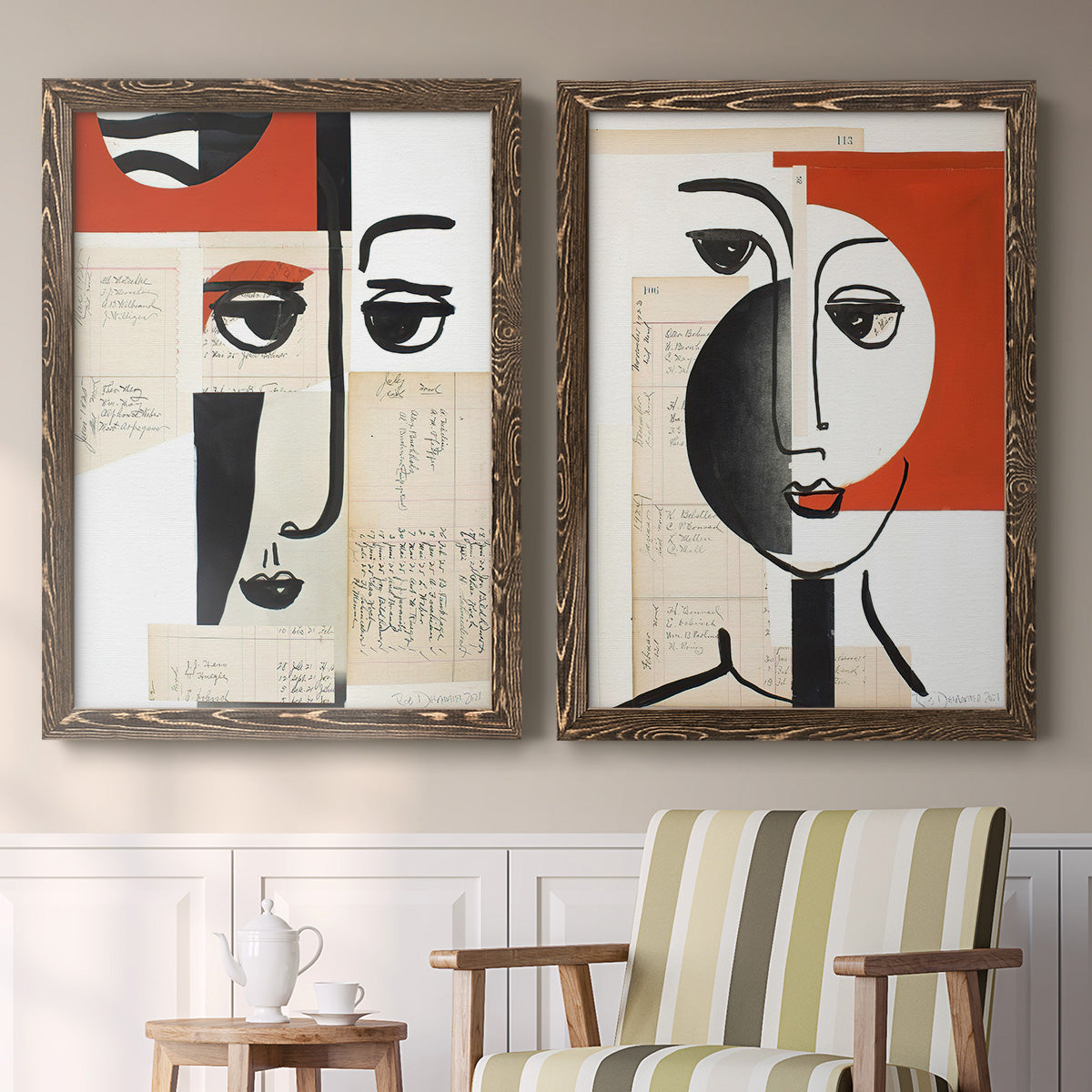 Set of two walnut barnwood framed canvas prints depicting two mixed-media portrait collages featuring cubist faces layered over vintage book pages above a sideboard in a cozy sitting room.