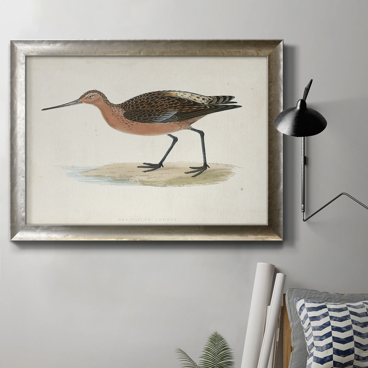 Vintage sandpiper bird artwork by William Morris in an ornate mottled silver frame displayed in a neutral interior setting.