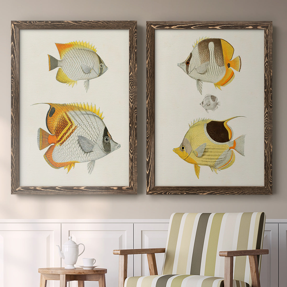 Set of two walnut barnwood framed canvas prints depicting two natural-history fish illustrations featuring groups of vintage tropical fish above a sideboard in a cozy sitting room.
