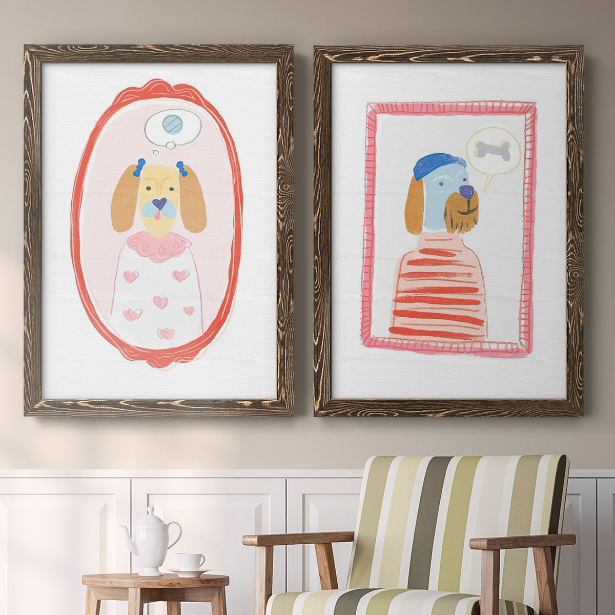 Set of two walnut barnwood framed canvas prints depicting two whimsical nursery illustrations featuring playful framed portraits of fashionable cats and dogs above a sideboard in a cozy sitting room.