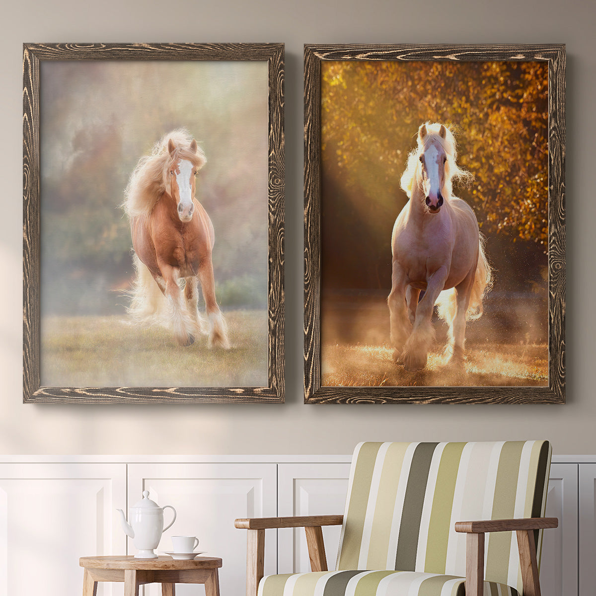 Set of two walnut barnwood framed canvas prints depicting two dramatic equestrian photography featuring horses running through misty autumn light above a sideboard in a cozy sitting room.