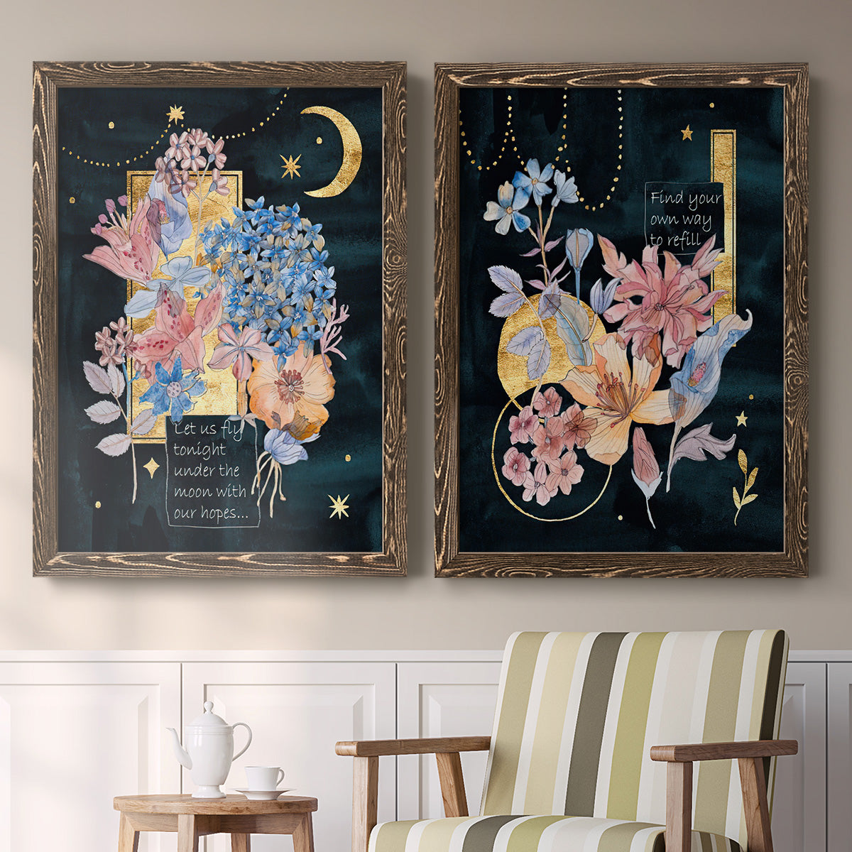 Set of two walnut barnwood framed canvas prints depicting two whimsical floral collages featuring fantastical bouquets and celestial symbols on black above a sideboard in a cozy sitting room.