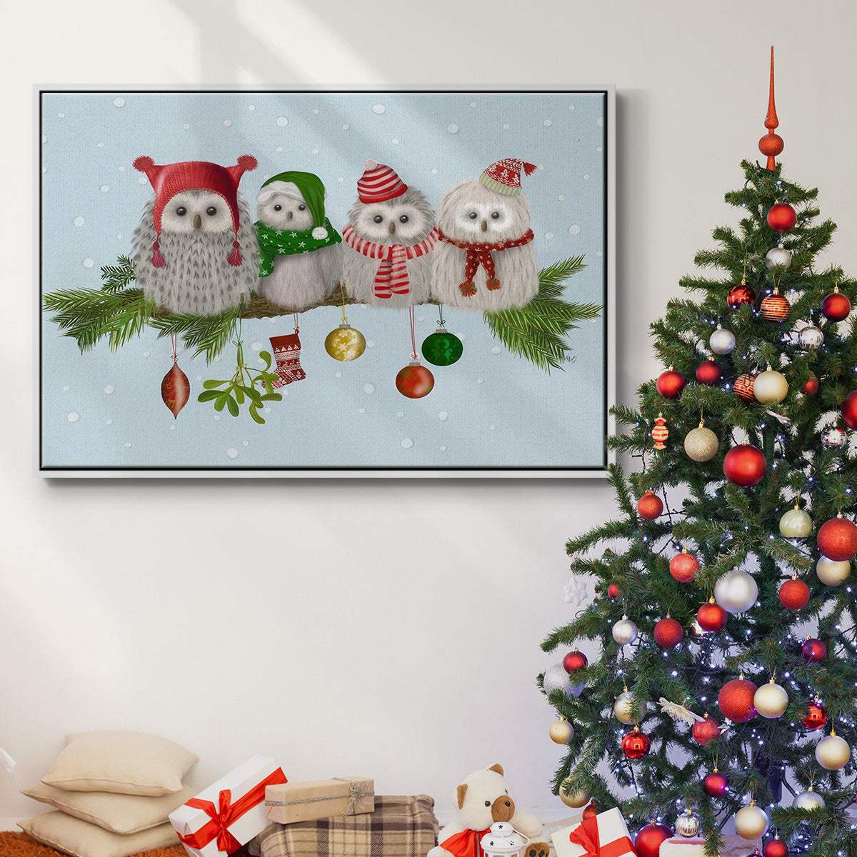 Fluffy Christmas Owls on Branch - Floater Framed Canvas Print