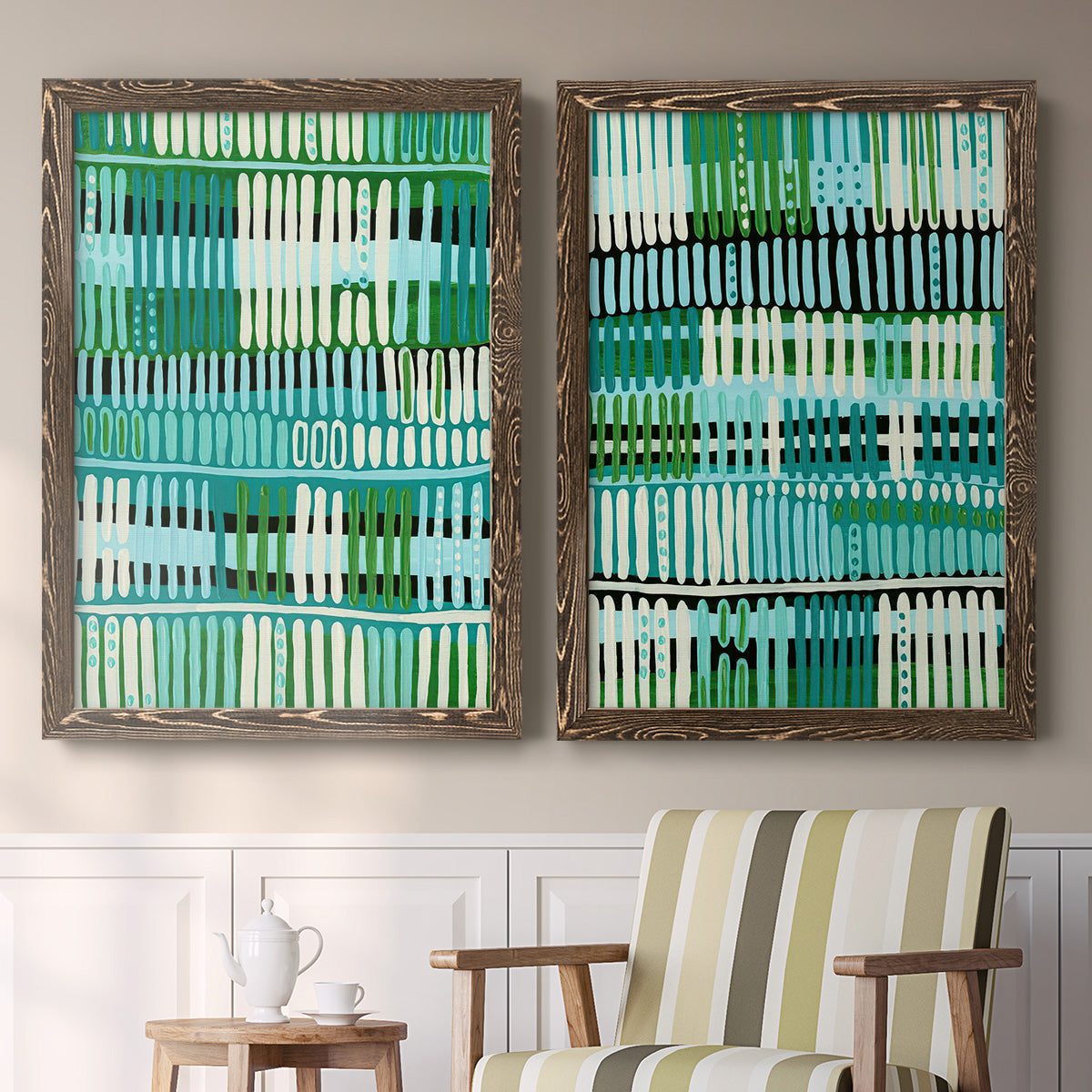 Set of two walnut barnwood framed canvas prints depicting two graphic woven-pattern abstracts featuring dense rows of teal black and white linear marks above a sideboard in a cozy sitting room.