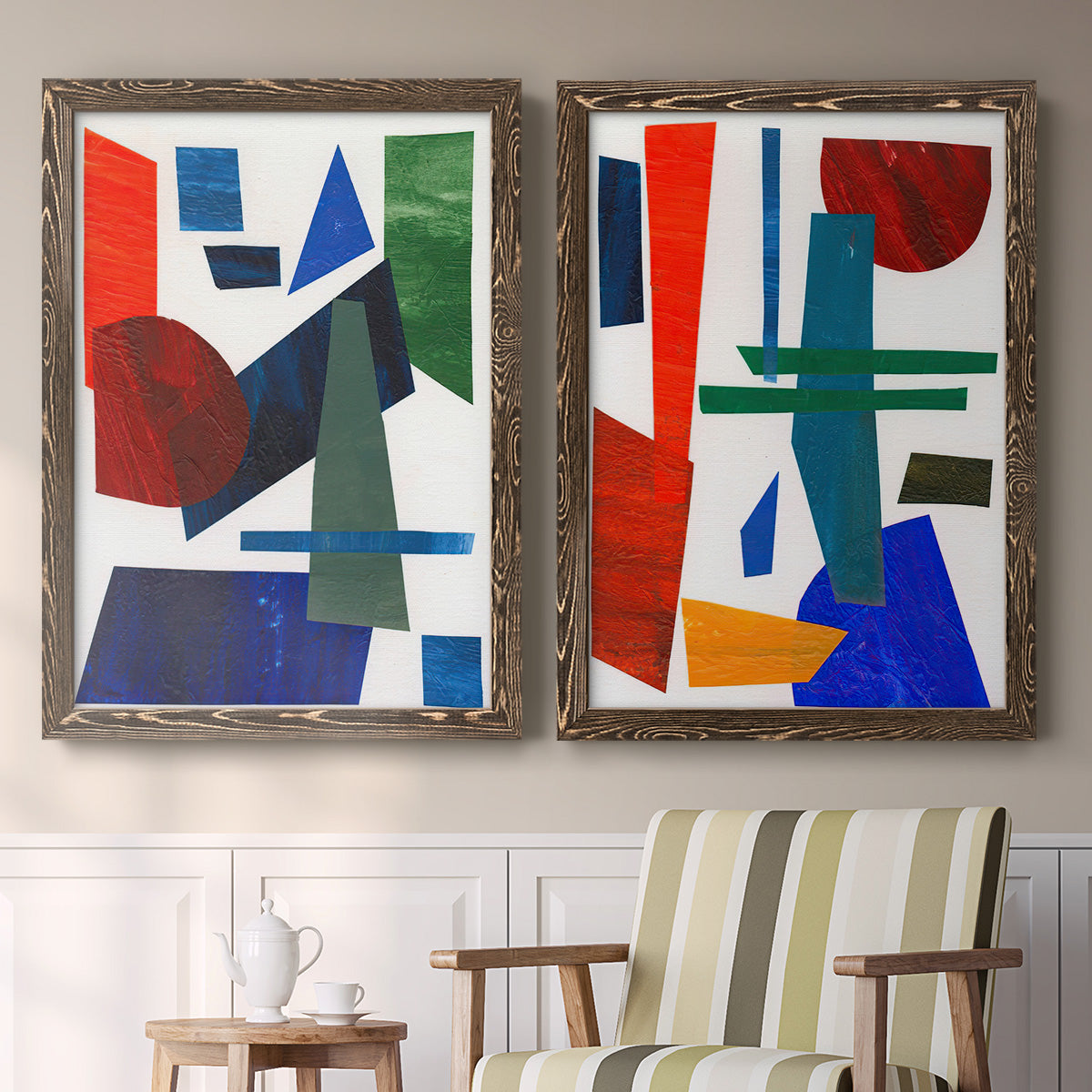 Set of two walnut barnwood framed canvas prints depicting two mid-century graphic abstracts featuring bold red blue green yellow and black geometric forms above a sideboard in a cozy sitting room.