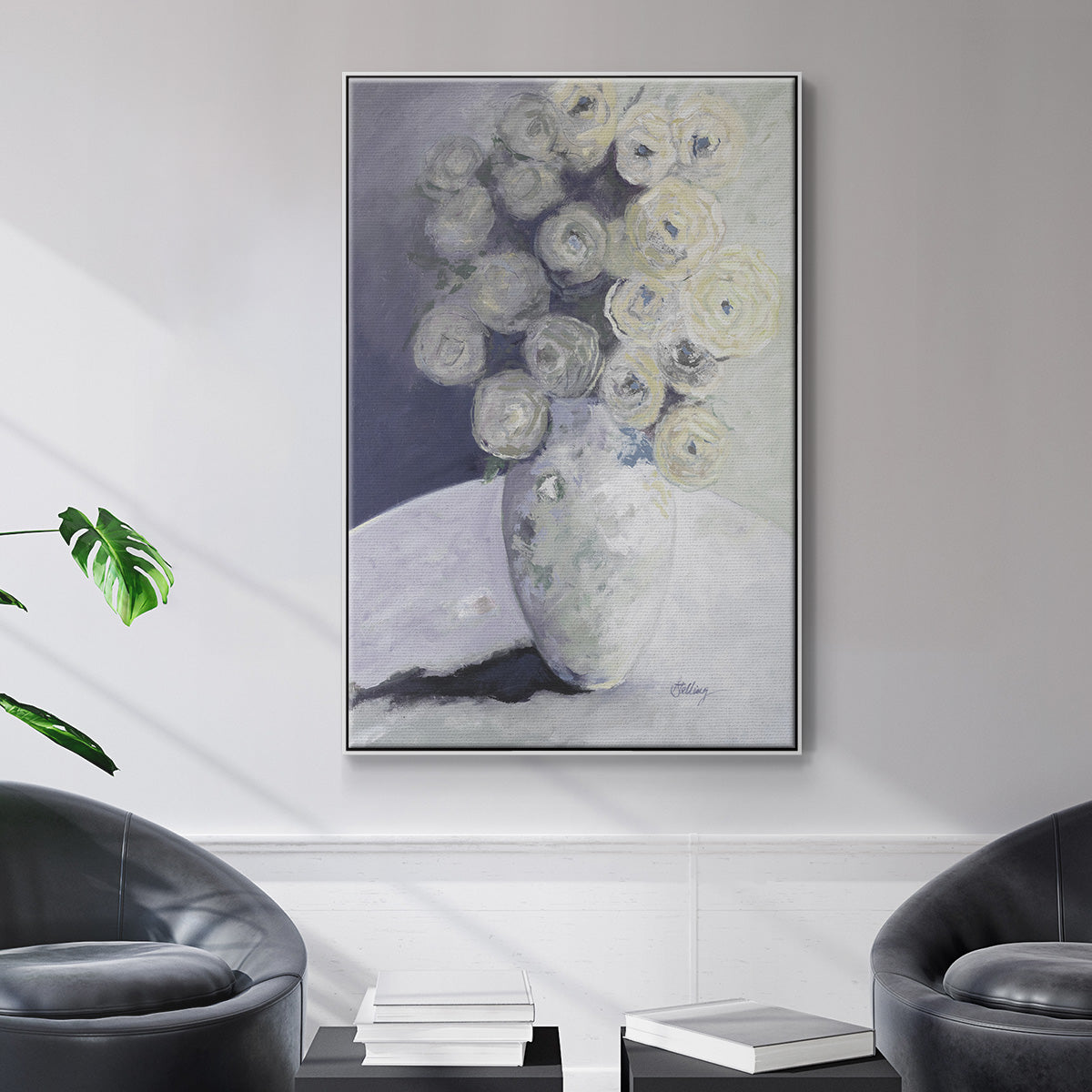 Green Vase with Yellow Flowers - Floater Framed Canvas Print