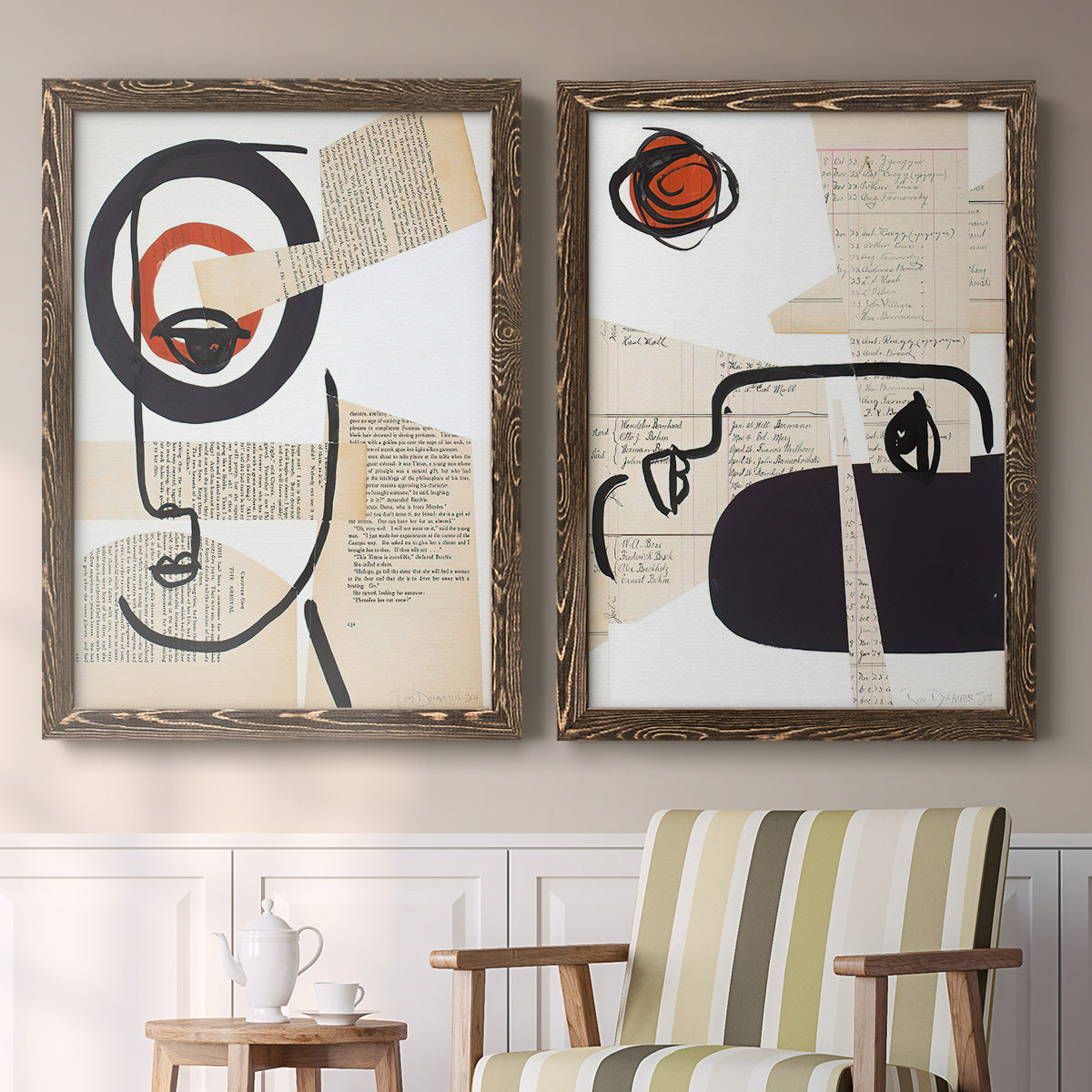 Set of two walnut barnwood framed canvas prints depicting two mixed-media portrait collages featuring cubist faces layered over vintage book pages above a sideboard in a cozy sitting room.