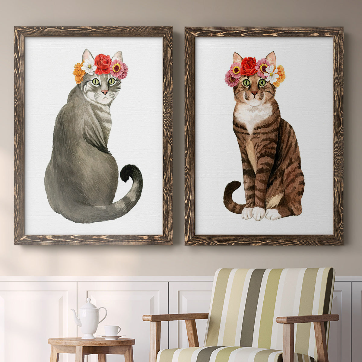 Set of two walnut barnwood framed canvas prints depicting two whimsical animal portraits featuring seated cats wearing colorful flower crowns above a sideboard in a cozy sitting room.
