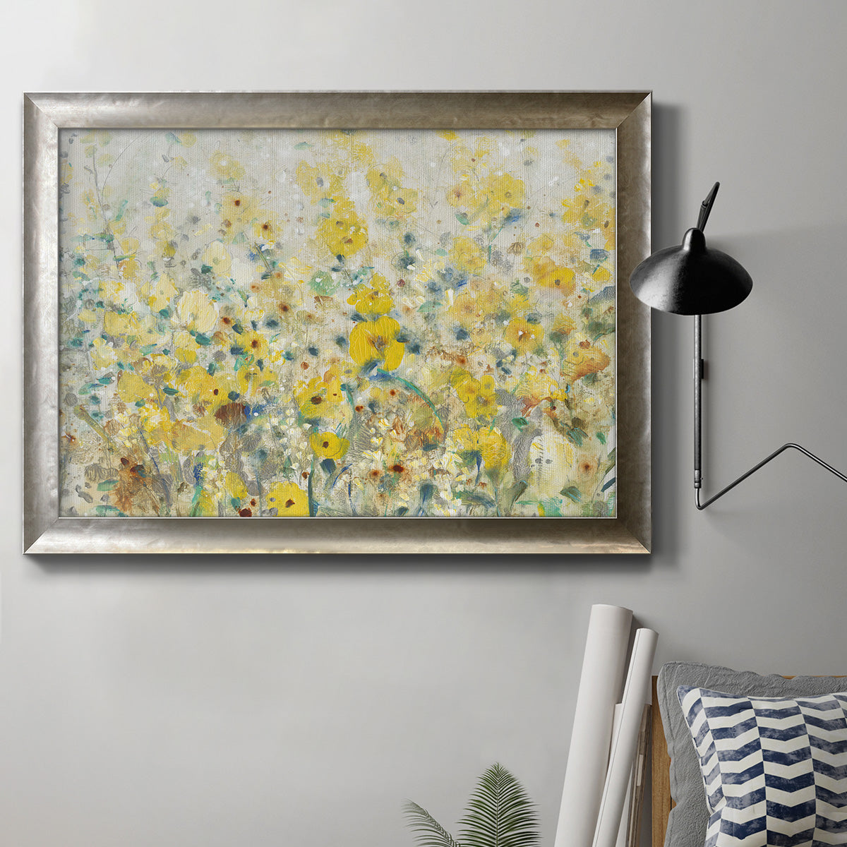 French country floral garden artwork in an ornate mottled silver frame displayed in a neutral interior setting.