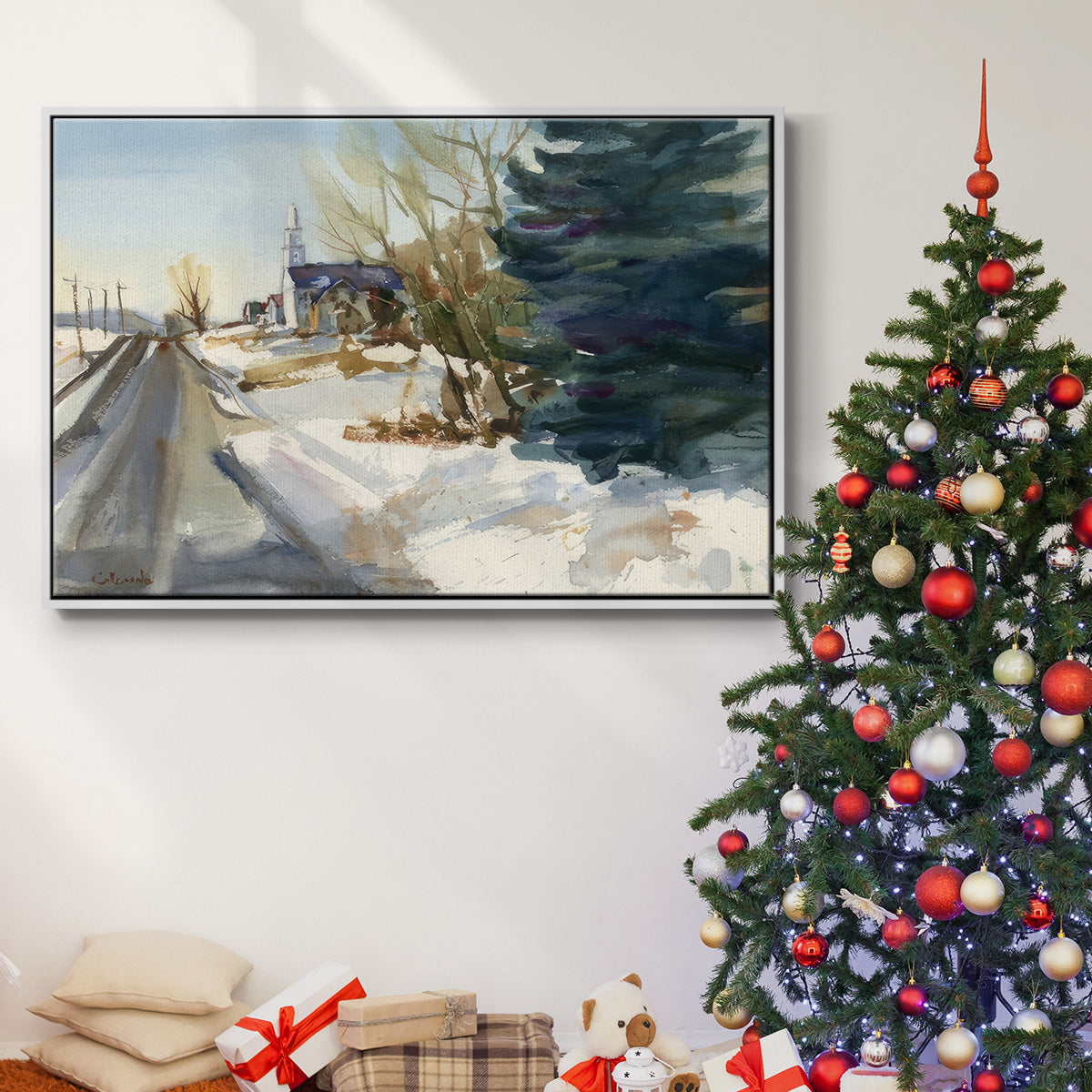 Congregational Church in Winter - Floater Framed Canvas Print