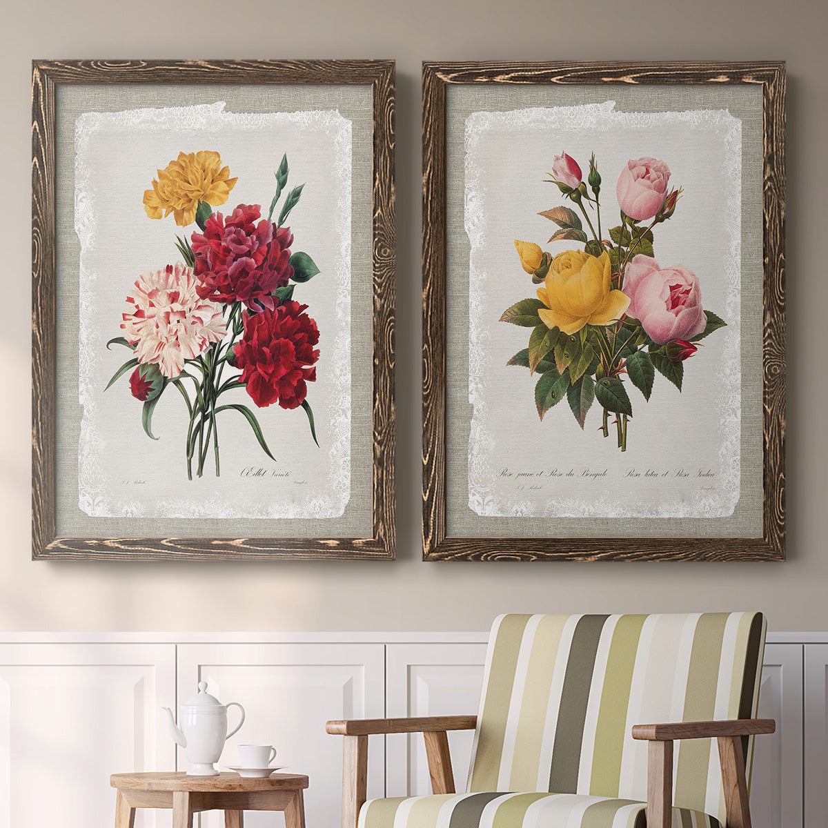 Set of two walnut barnwood framed canvas prints depicting two traditional botanical collage prints featuring vintage mixed-flower bouquets on distressed paper above a sideboard in a cozy sitting room.