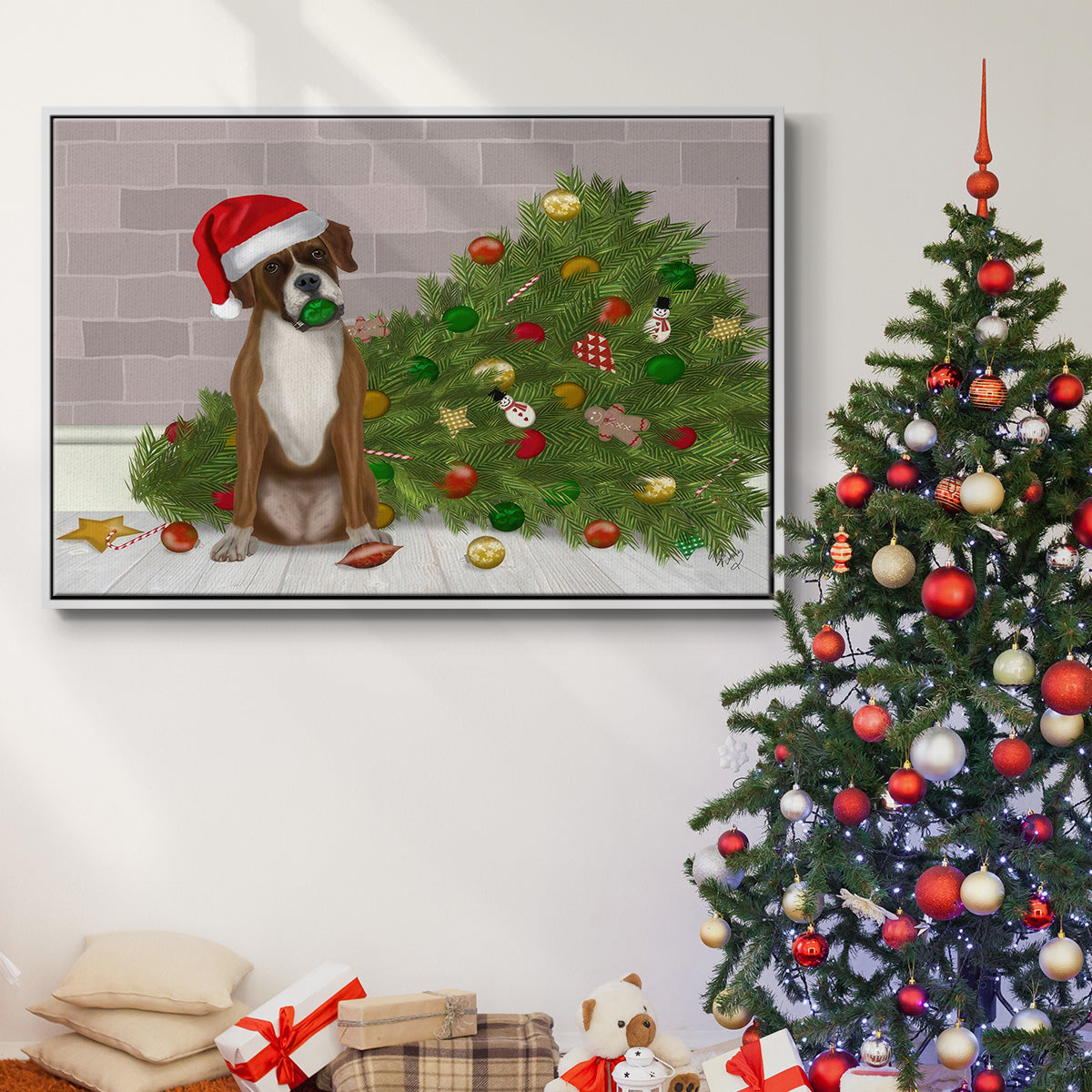 Christmas Boxer and Broken Christmas Tree - Floater Framed Canvas Print