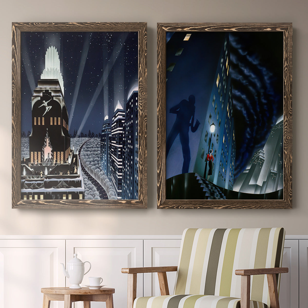 Set of two walnut barnwood framed canvas prints depicting two dramatic art deco city scenes with illuminated skyscrapers nighttime skies and elegant figures above a sideboard in a cozy sitting room.