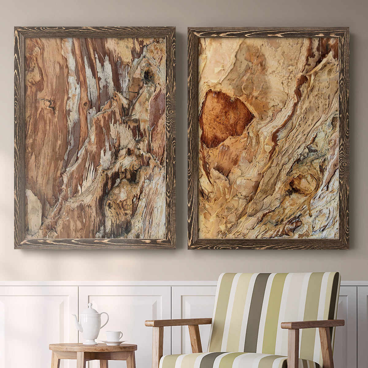 Set of two walnut barnwood framed canvas prints depicting two rustic nature photography featuring close-up tree bark textures above a sideboard in a cozy sitting room.