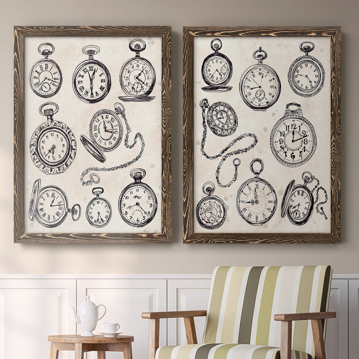 Set of two walnut barnwood framed canvas prints depicting two vintage object sketches featuring collections of antique pocket watches and chains above a sideboard in a cozy sitting room.