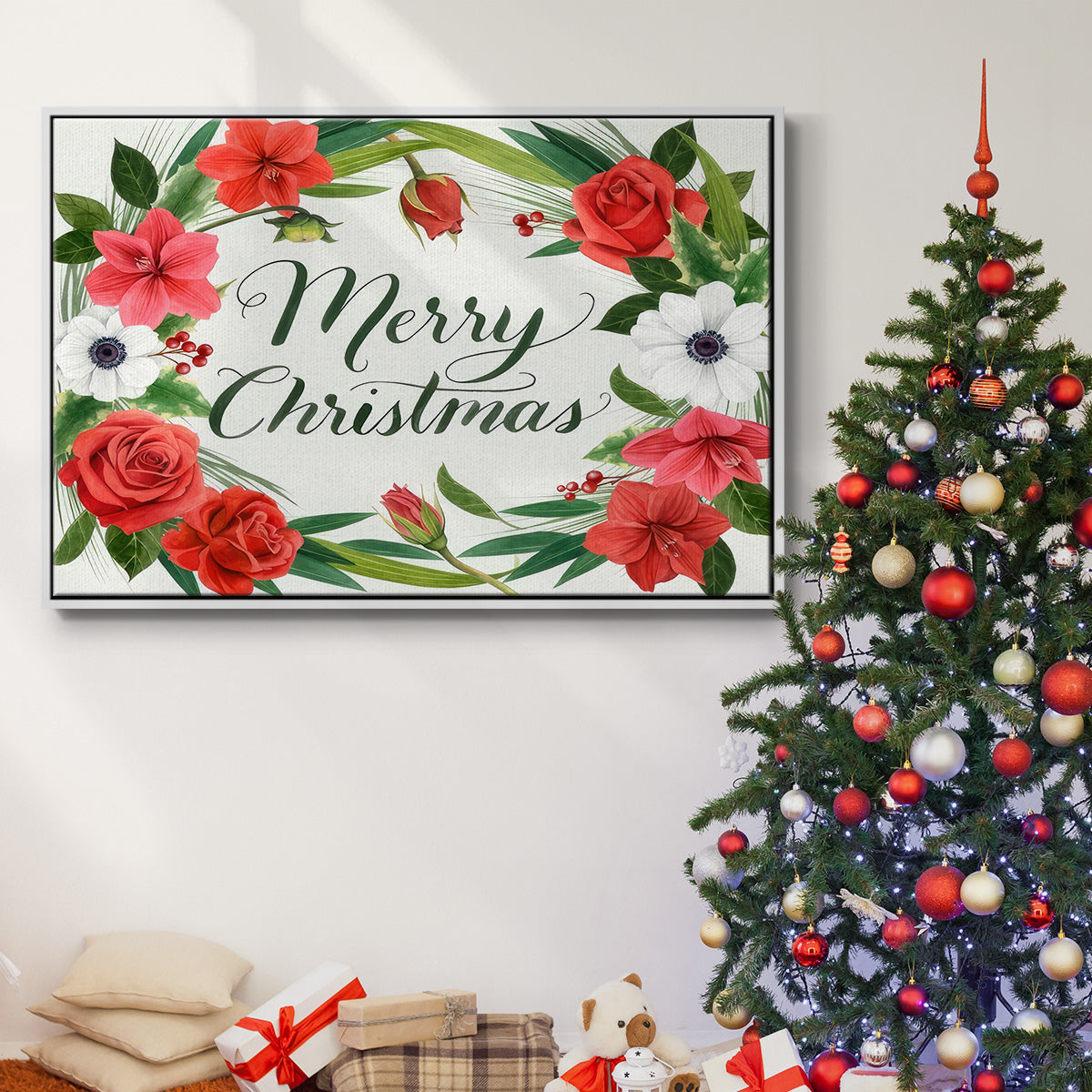 Christmas Floral Wreath Collection A - Floater Framed Canvas Print